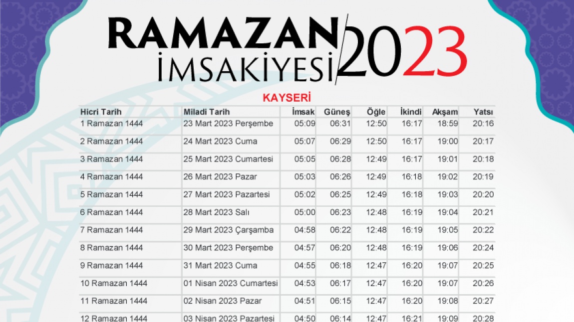 RAMAZAN-I ŞERİF İMSAKİYESİ (KAYSERİ 2023)